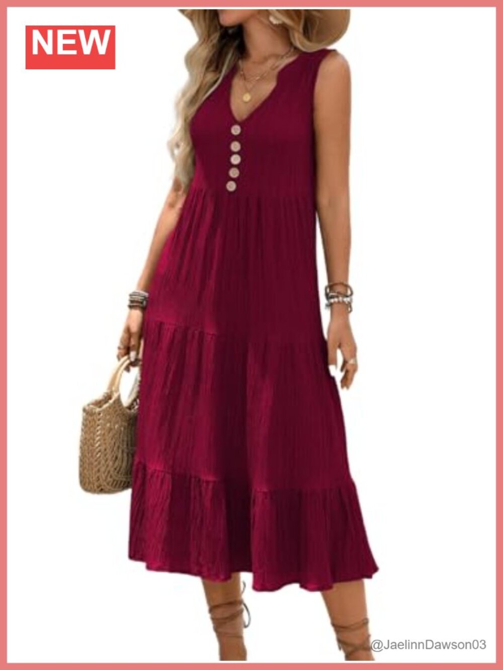 Sleeveless V Neck Button Midi Sundress Tiered Ruffle Summer Casual Dress